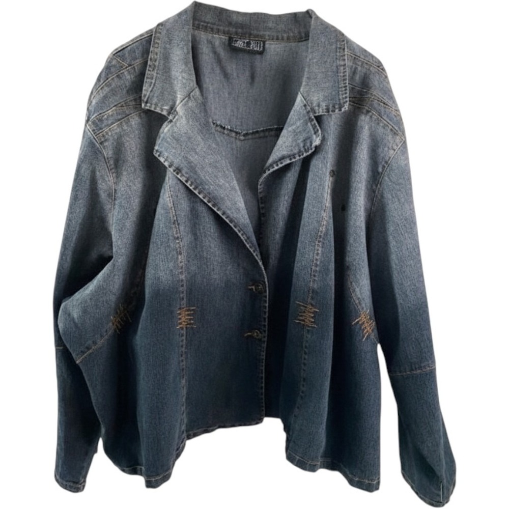 Just Blu Womens Plus 32W Blue Denim Jacket Contrast Stitch Peplum‎ Back Blazer
